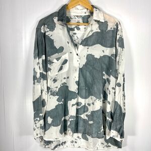 Hard Tail Forever Gray White Tie Dye Cow Splotch Long Sleeve Blouse Womens Small
